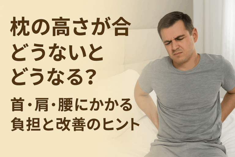 枕の高さが合わず首・肩・腰に負担を感じている男性のイメージ写真、改善のヒントを伝える記事用アイキャッチ