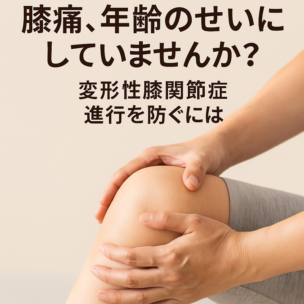 膝を両手で包み込むように支えている人の写真。背景はやさしいベージュ色で、「膝痛、年齢のせいにしていませんか?変形性膝関節症 進行を防ぐには」という日本語のキャッチコピーが添えられている。