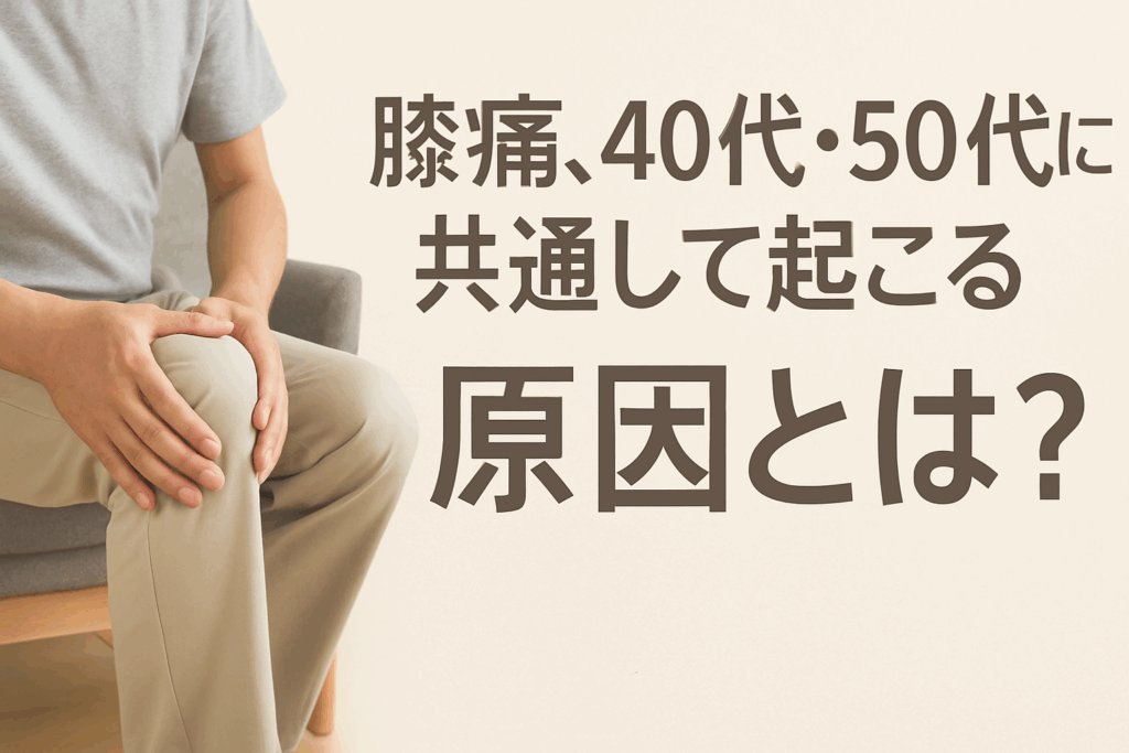椅子に座って膝に手を添える中年男性の写真と、「膝痛、40代・50代に共通して起こる 原因とは?」という日本語の見出しが添えられた情報グラフィック画像。背景は柔らかいベージュ色で落ち着いた印象。