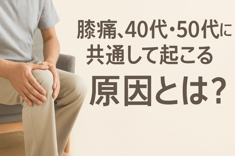椅子に座って膝に手を添える中年男性の写真と、「膝痛、40代・50代に共通して起こる 原因とは？」という日本語の見出しが添えられた情報グラフィック画像。背景は柔らかいベージュ色で落ち着いた印象。