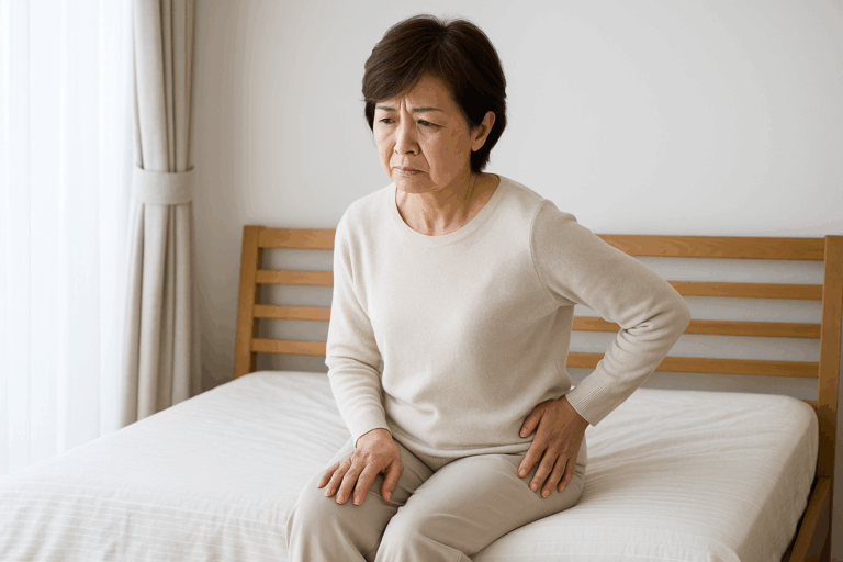 股関節の違和感に悩む中年の日本人女性が、屋内で片脚を軽く押さえながら立っている様子の写真