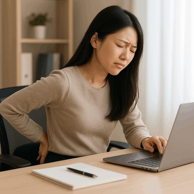 デスクワーク中の腰痛に悩む日本人女性がデスクに向かう姿のイメージ写真、腰痛改善記事用アイキャッチ