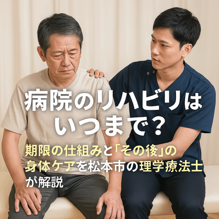 「病院でのリハビリ期限とその後のケア」をテーマにした情報記事のための写真。白衣姿の日本人理学療法士が、患者と穏やかに話している様子にタイトル文が重ねられている。文字はすべて表示されており、安心感のある構成。