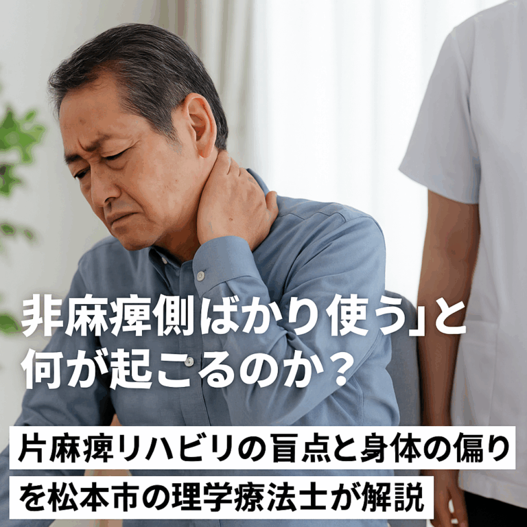 松本市・安曇野市で片麻痺のリハビリに取り組む日本人男性を後方から捉えた写真。非麻痺側の使いすぎによる身体の偏りや痛みに対し、理学療法士が顔を映さず支援する場面。記事タイトル『非麻痺側ばかり使うと何が起こるのか？』が視認できる構成