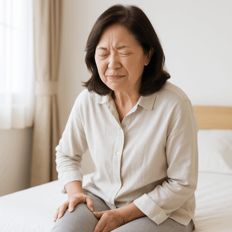 朝、ベッドの上で膝の痛みに顔をしかめる中年の日本人女性の写真