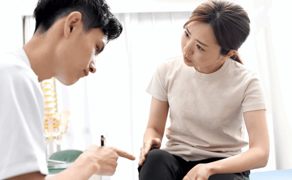 膝の痛みの原因がわからず、悩んでいる医師と話を聞いているm女性の画像。