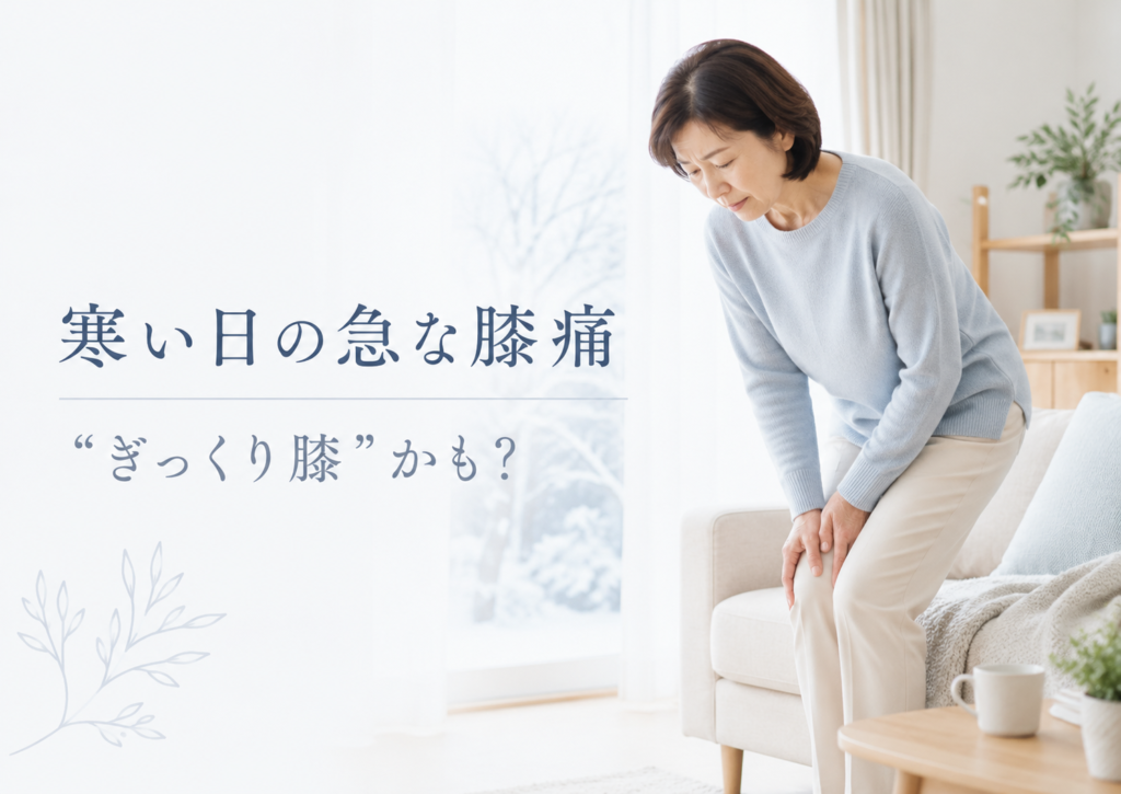 寒い日に急に膝が痛む症状を気にしている女性のイメージ