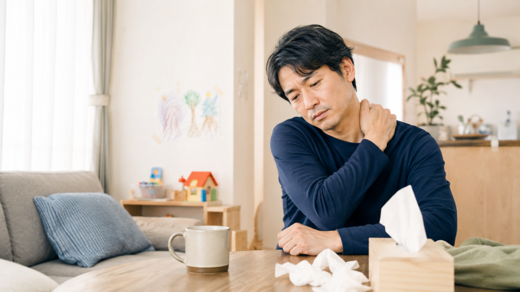 松本市で風邪のあとに疲れが抜けず、首肩こりや身体の重さを感じている父親のイメージ