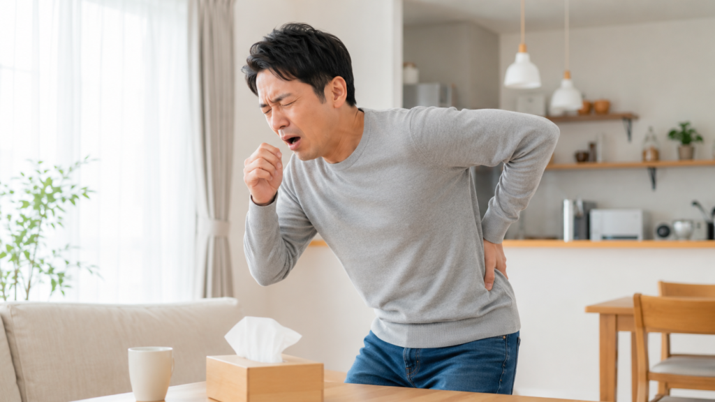 松本市でくしゃみや咳のあとに腰が痛くなり、不安を感じている男性のイメージ