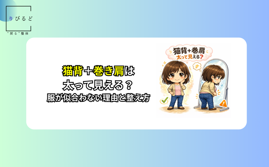 猫背と巻き肩で上半身が丸く見え、服が似合わず悩む女性の後ろ姿イメージ