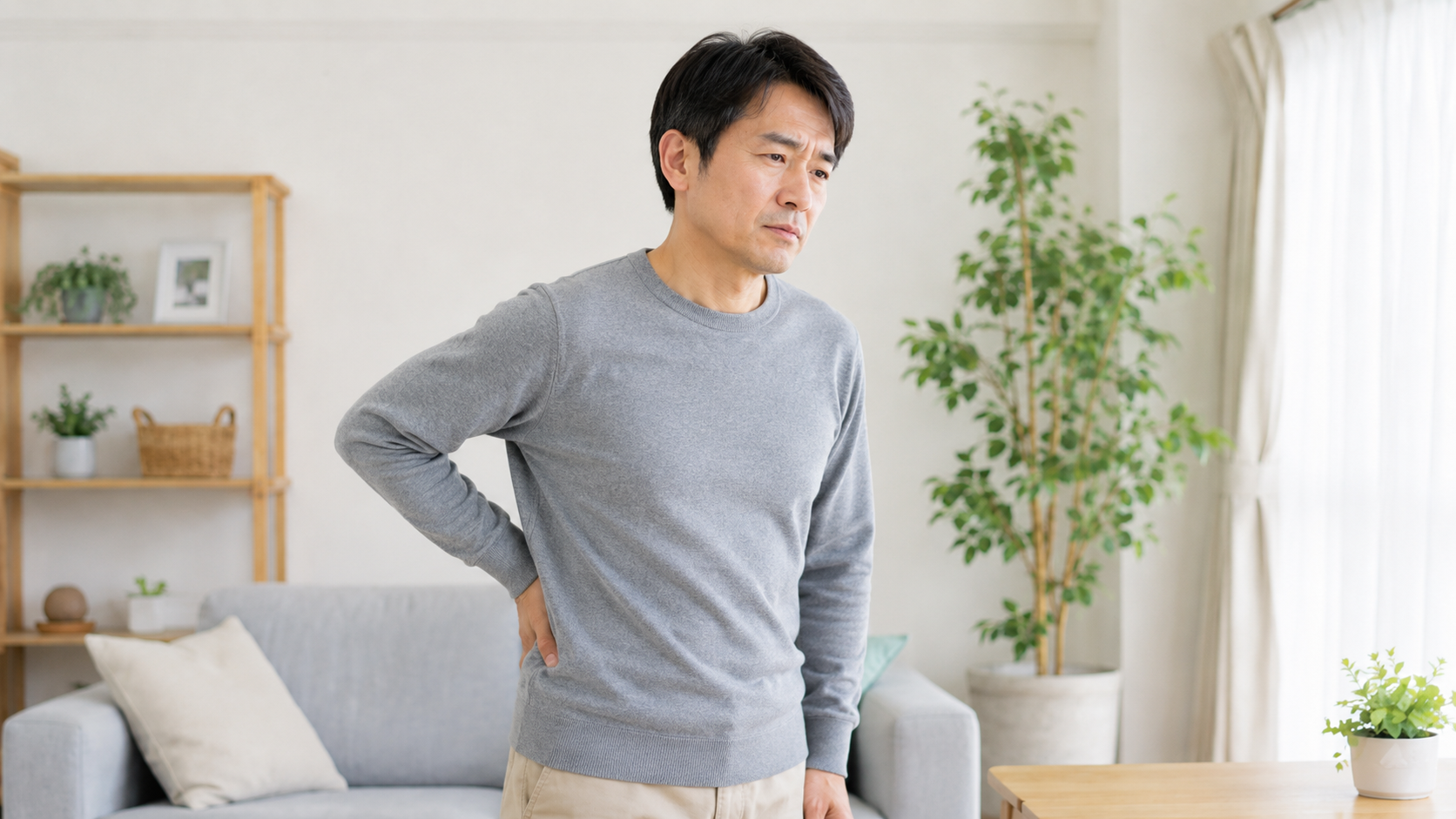 レントゲンで異常なしと言われたのに腰痛が続き、腰に手を当てて不安そうにしている40代男性