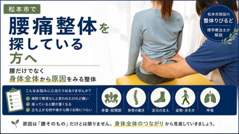 松本市で腰痛整体を探している方へ向けて、身体全体から原因を見る整体を紹介する整体りびるどの記事アイキャッチ画像