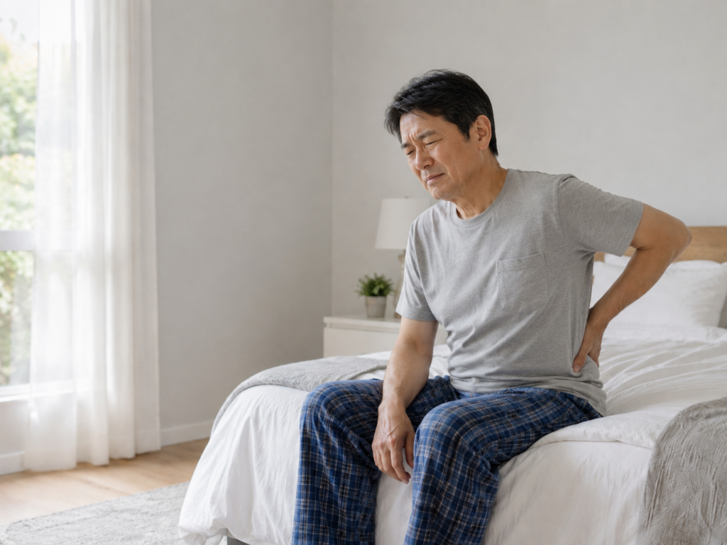朝起きた時に腰の痛みを感じてベッドに座る人物