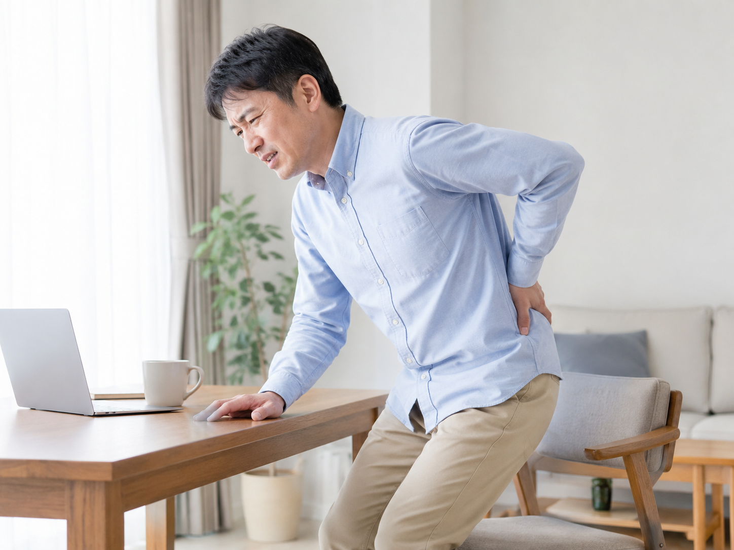 長く座った後に立ち上がる時の腰痛に悩む人のイメージ