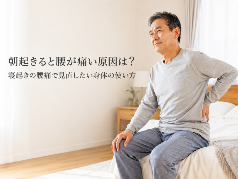朝起きると腰が痛い原因について考える日本人男性のイメージ