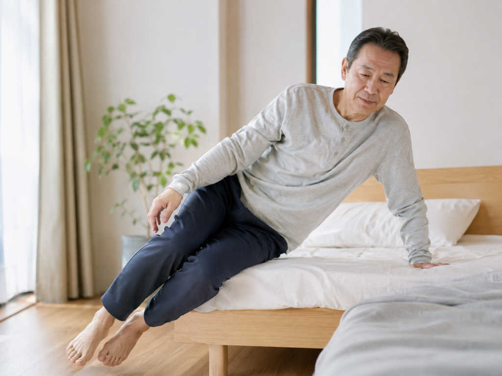 腰に負担をかけにくく横向きから起き上がる人物