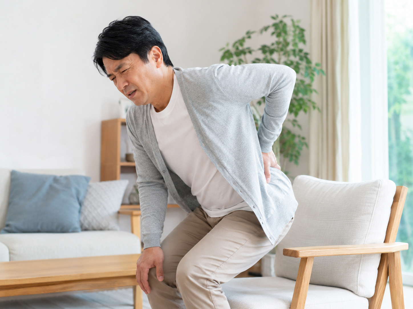 椅子から立ち上がる時に腰の痛みを感じている40代男性のイメージ