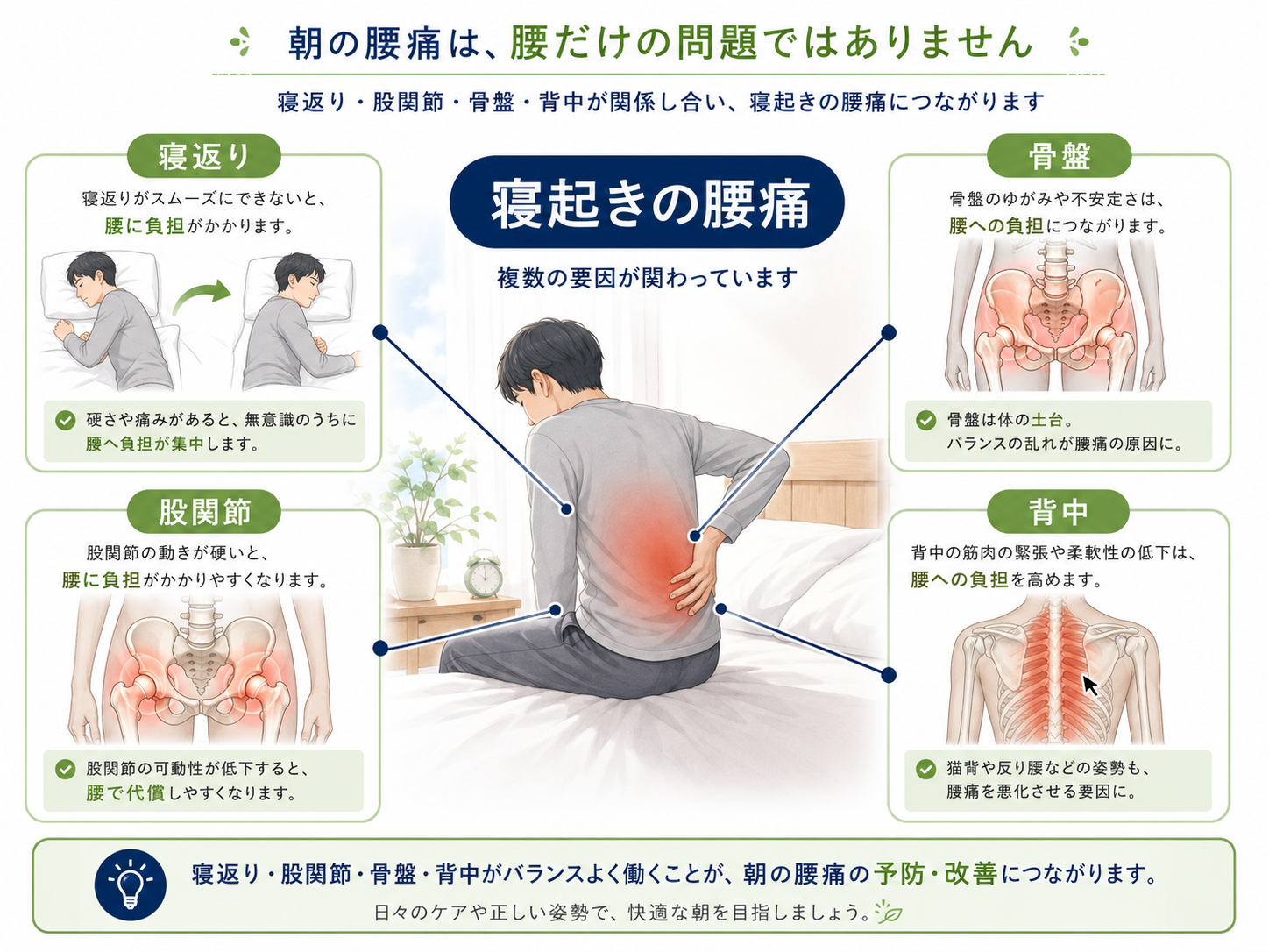 寝起きの腰痛に関係する寝返り・股関節・骨盤・背中のつながりを説明する図解