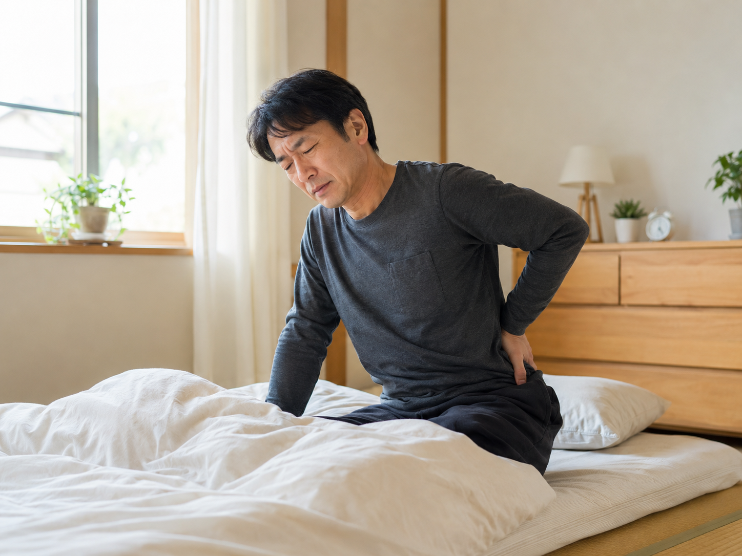 朝起きると腰が痛く、寝起きに布団から起き上がる時に腰を押さえている40代男性