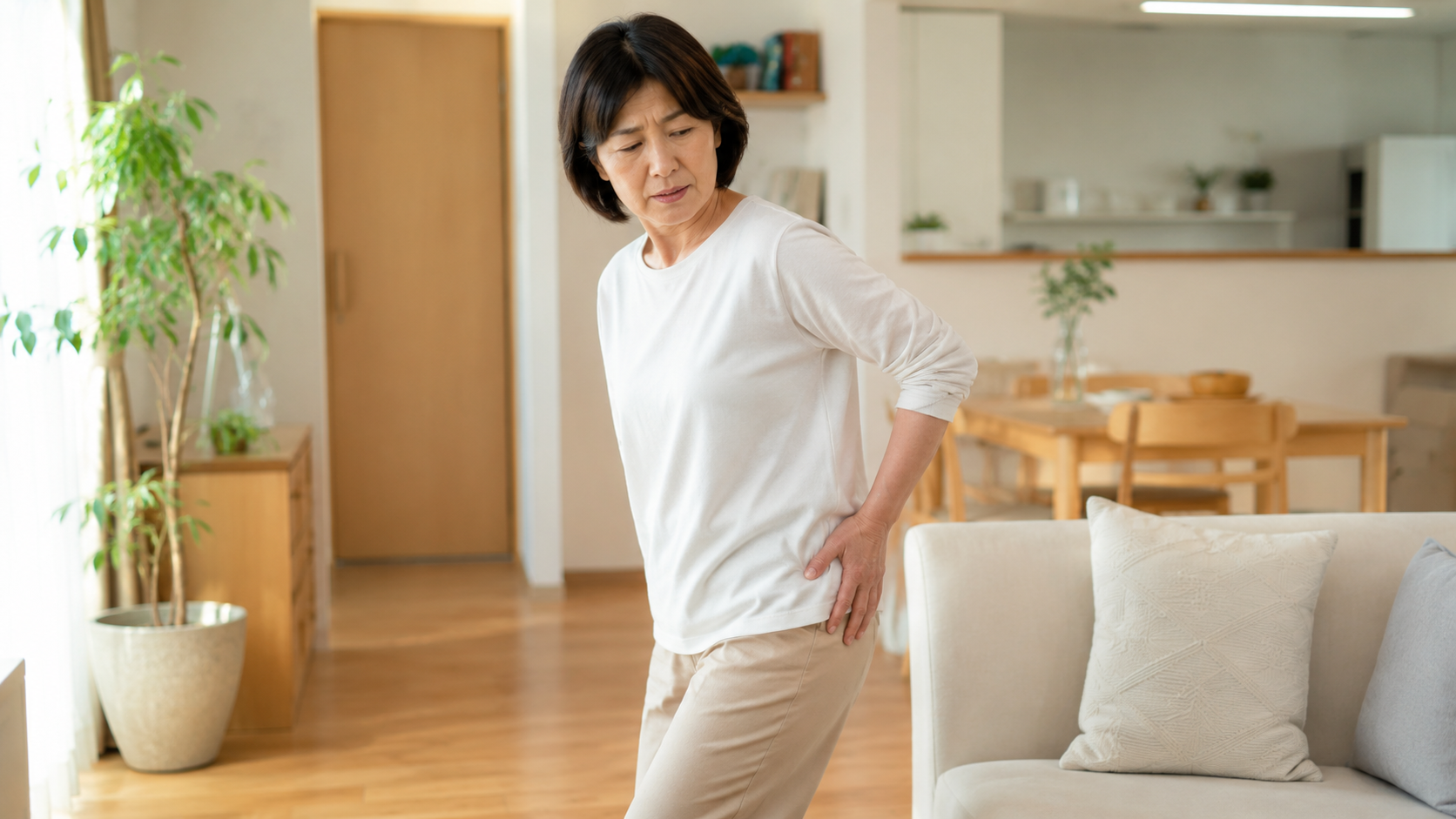 立ち上がりや歩行時に股関節の痛みを気にしている女性のイメージ