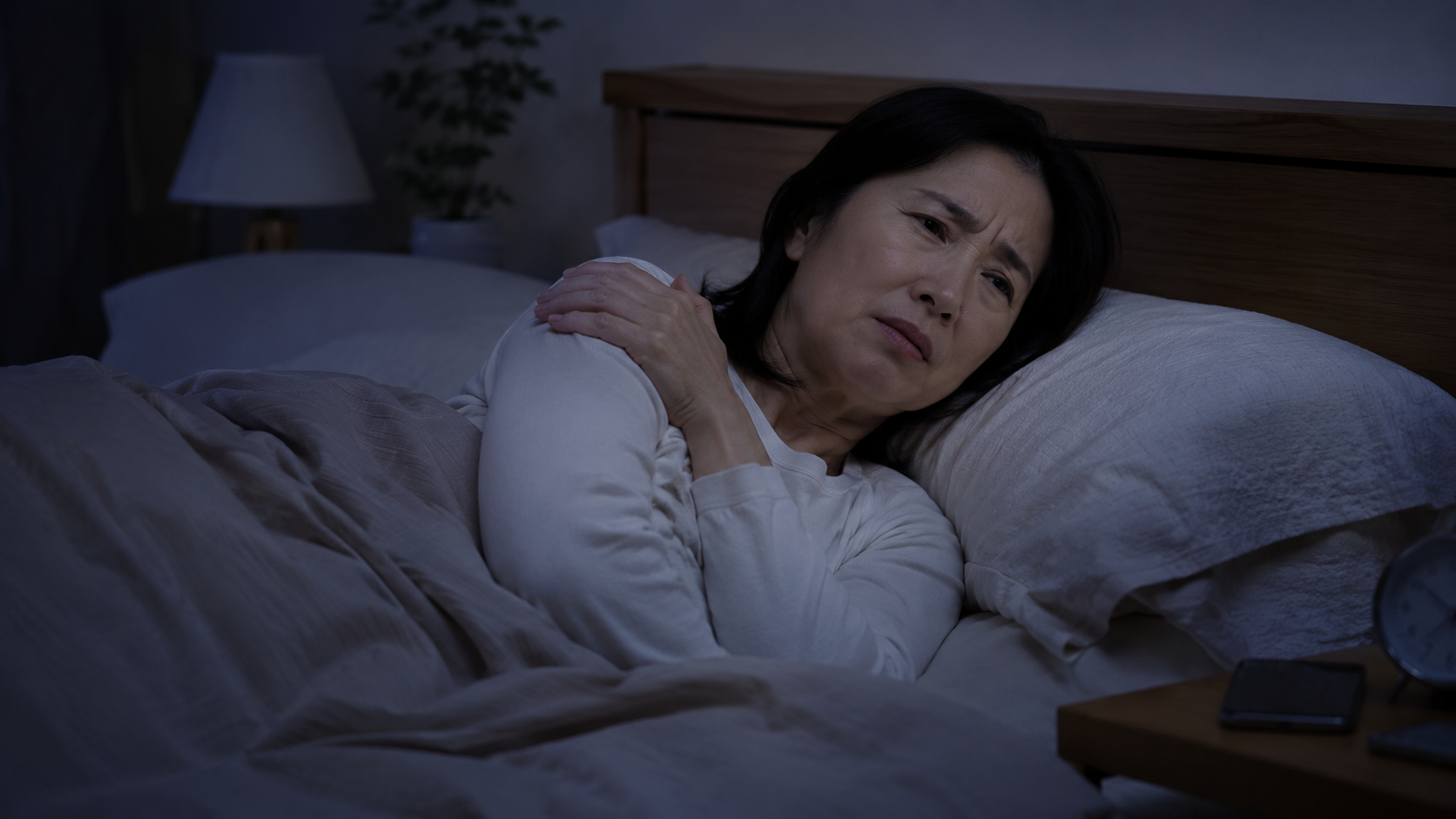 夜、肩の痛みで目が覚めて困っている40代女性のイメージ