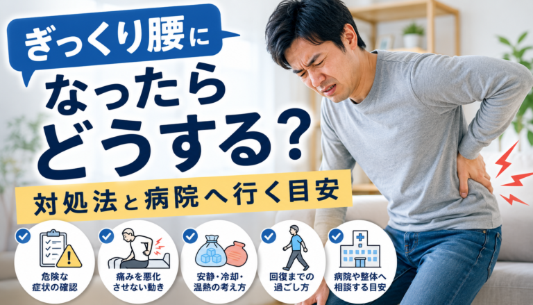 ぎっくり腰になったときの対処法と病院へ行く目安を紹介する、腰を押さえる男性のアイキャッチ画像