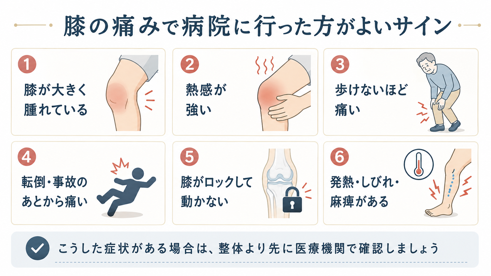 膝の痛みで医療機関に相談した方がよいサインの図解