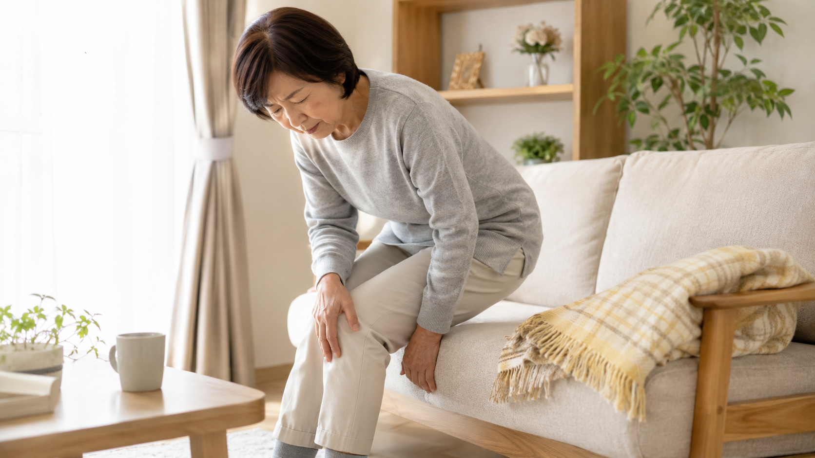 寒い日に急に膝が痛くなり膝を気にしている人のイメージ