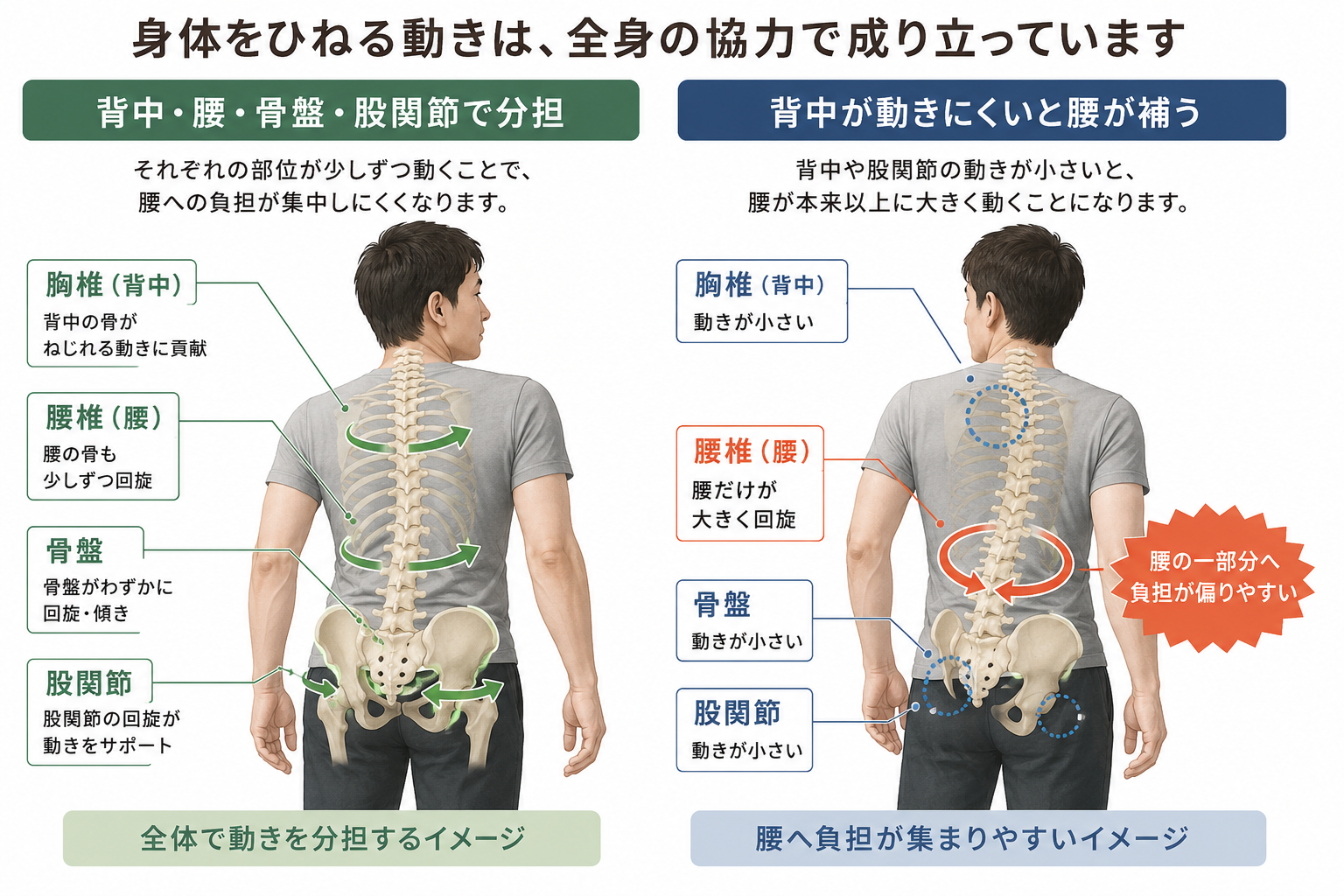 呼吸に合わせて脇腹や背中側の肋骨が広がる仕組み