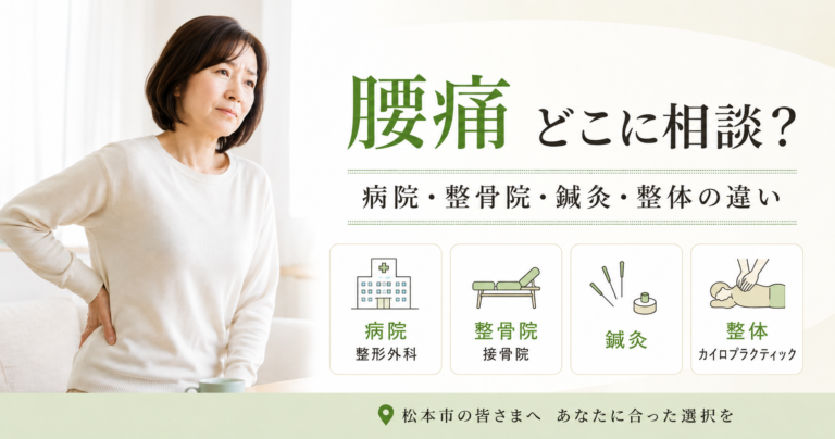 松本市で腰痛に悩む方へ、病院・整骨院・鍼灸・整体のどこに相談すべきかを説明するアイキャッチ画像