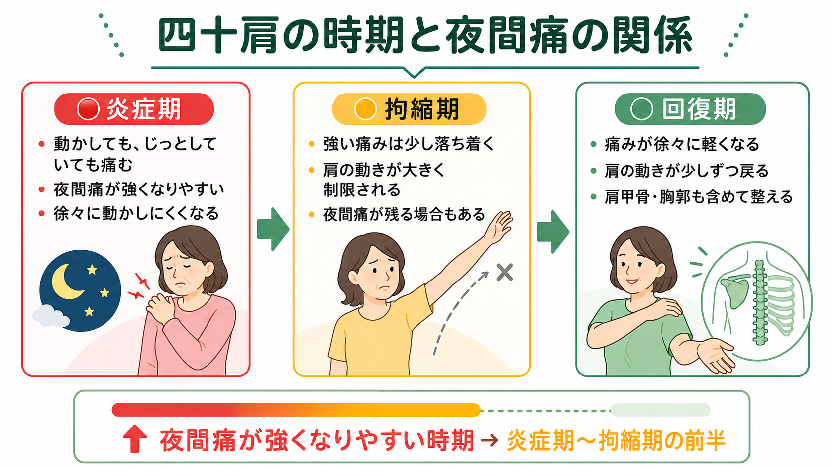 四十肩・五十肩の炎症期・拘縮期・回復期の流れと夜間痛が出やすい時期を示した図解