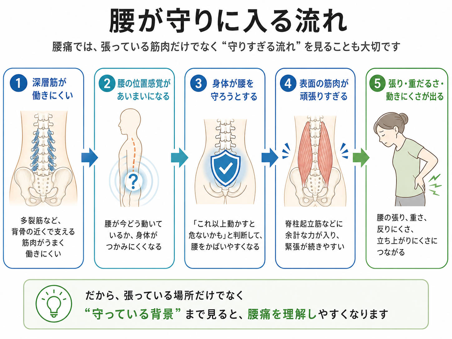 深層筋の働きにくさから腰が守りに入り、表面の筋肉の緊張や腰の張り・重だるさにつながる流れを示した図解