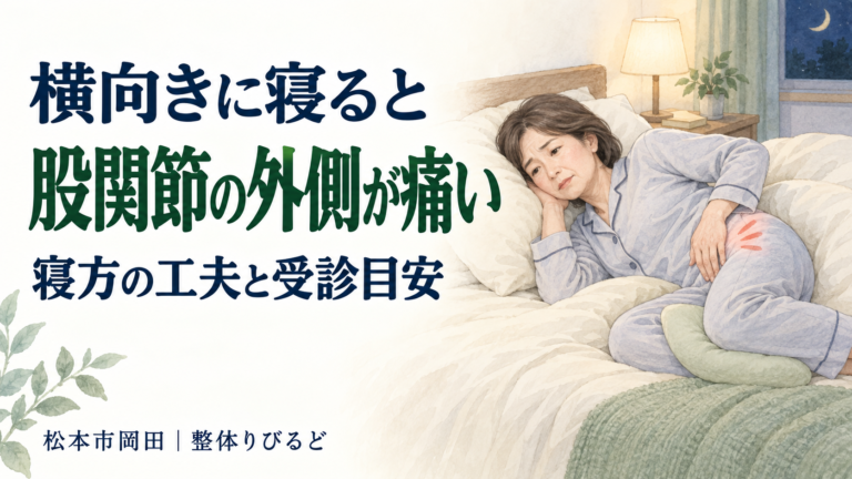 「横向きに寝ると股関節の外側が痛い」「寝方の工夫と受診目安」の見出しと、横向きで寝ながら股関節の外側に手を添える女性のイラスト。