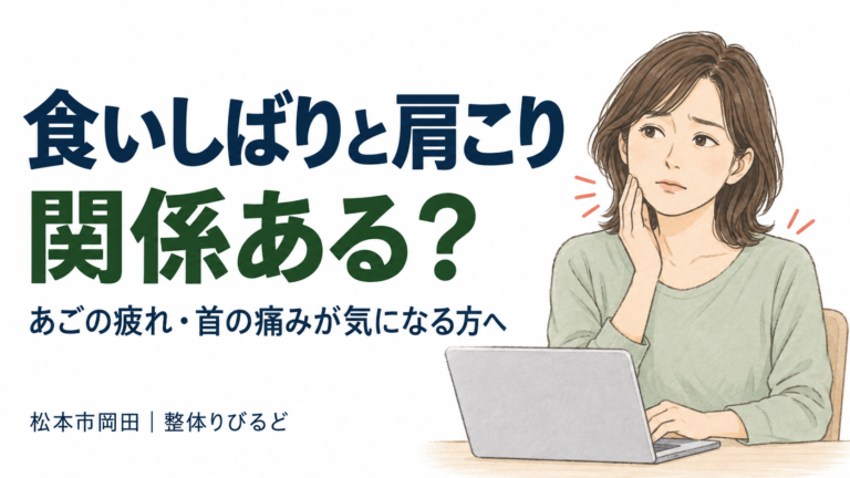 「食いしばりと肩こり、関係ある?」の見出しと、パソコンの前であごに手を添える女性のイラスト。
