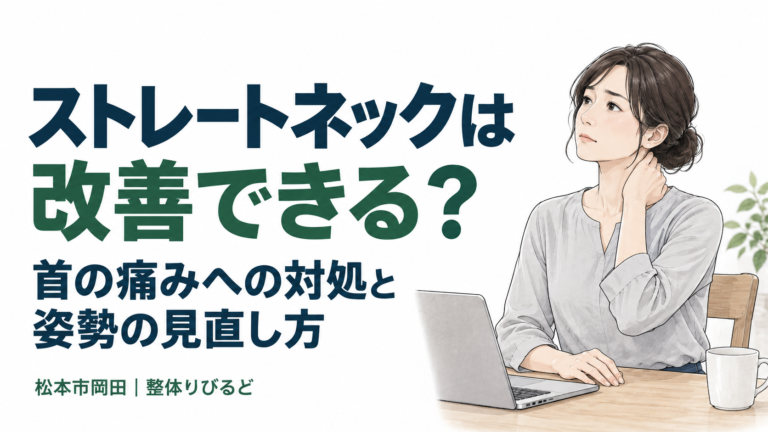 「ストレートネックは改善できる?」の見出しと、パソコンの前で首に手を添える女性のイラスト。首の痛みへの対処と姿勢の見直し方を解説する、松本市岡田の整体りびるどの記事。