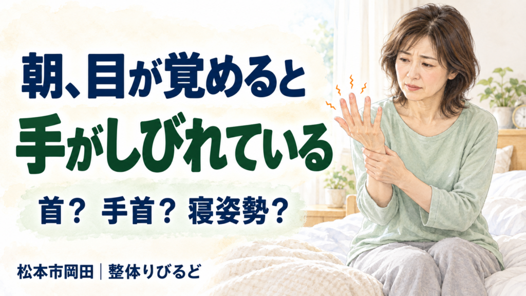 朝起きたときに手のしびれを感じ、指先の状態を確認する女性｜松本市岡田の整体りびるど