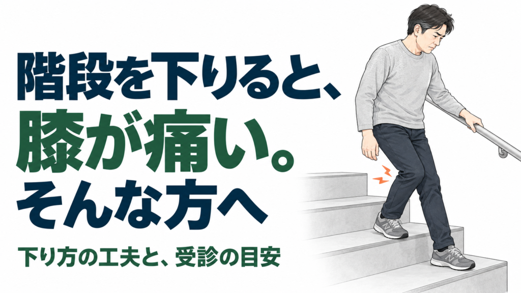 膝に痛みを感じながら、手すりを使って階段を下りる男性のイラスト