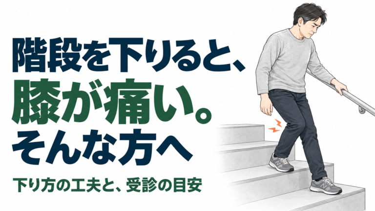 膝に痛みを感じながら、手すりを使って階段を下りる男性のイラスト