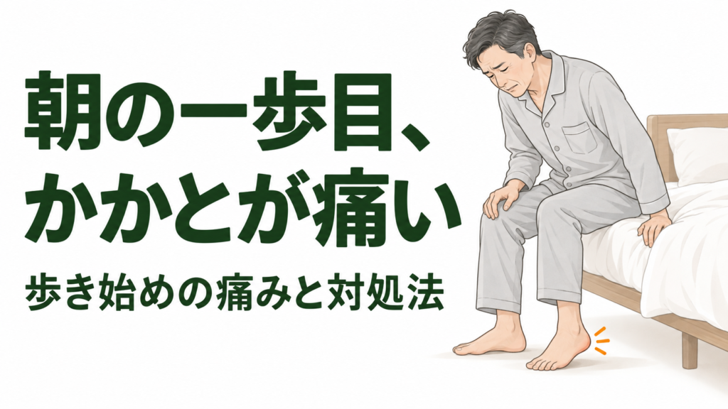 朝、ベッドの端に座り、床に足をつくとかかとが痛む男性のイラスト。「朝の一歩目、かかとが痛い」の見出し。
