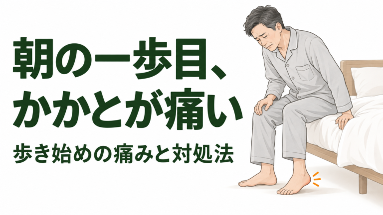 朝、ベッドの端に座り、床に足をつくとかかとが痛む男性のイラスト。「朝の一歩目、かかとが痛い」の見出し。