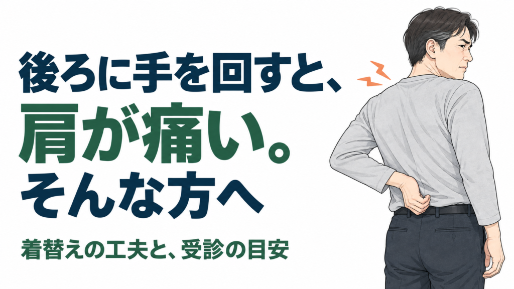 背中に手を回し、肩の痛みに顔をしかめる男性のイラスト