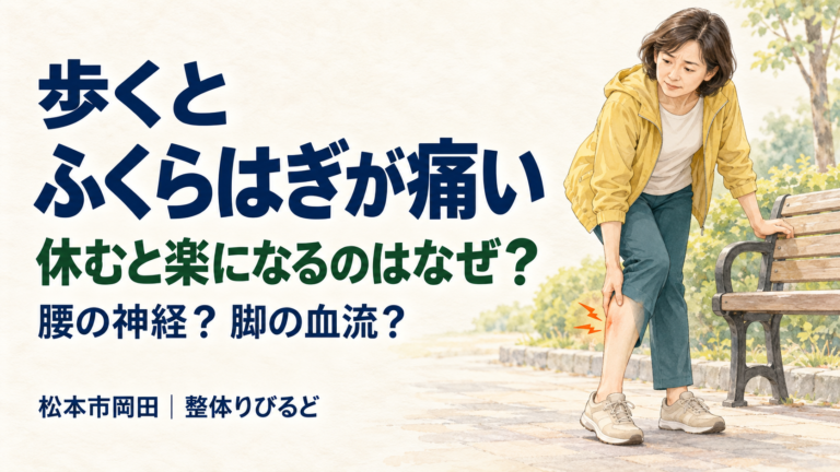 歩くとふくらはぎが痛み、ベンチのそばで脚を押さえる女性|松本市岡田の整体りびるど