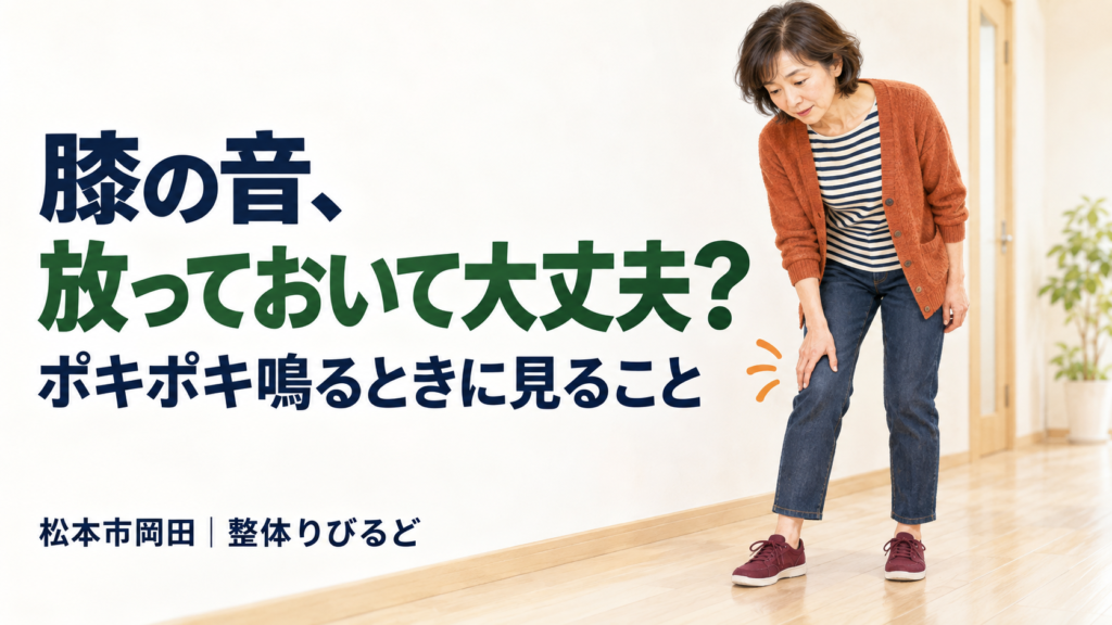 膝を軽く曲げたときのポキポキ音が気になり、膝に手を添える女性｜松本市岡田の整体りびるど