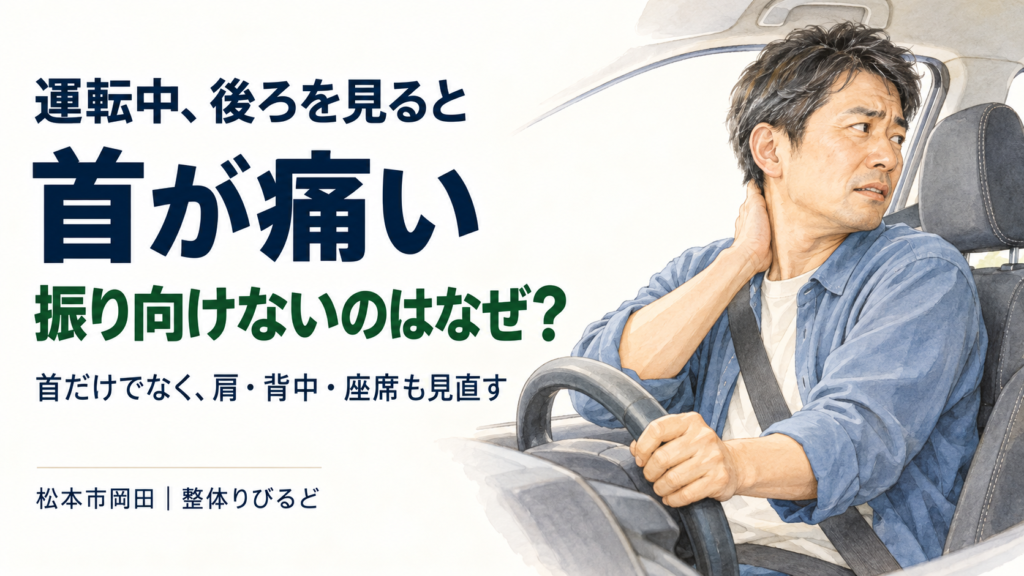 運転中に後方を振り向くと首が痛む男性｜松本市岡田の整体りびるど