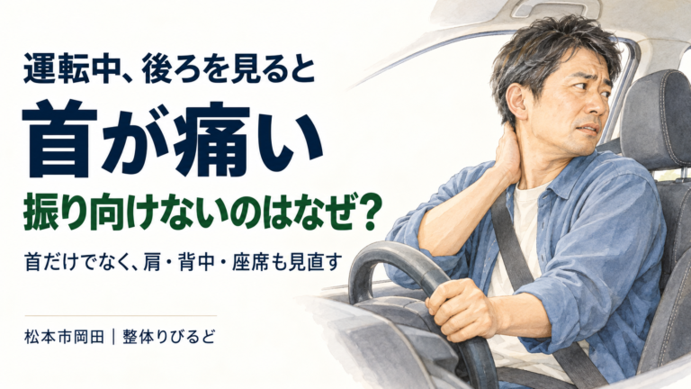 運転中に後方を振り向くと首が痛む男性|松本市岡田の整体りびるど