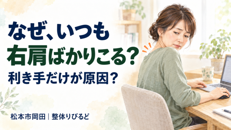右手でマウスを操作し、右肩だけにこりを感じて振り返る女性｜松本市岡田の整体りびるど